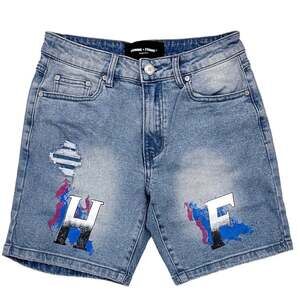 Homme + Femme Men's Hand Paint Logo Distressed Denim Jean Shorts With Rips Sz 32